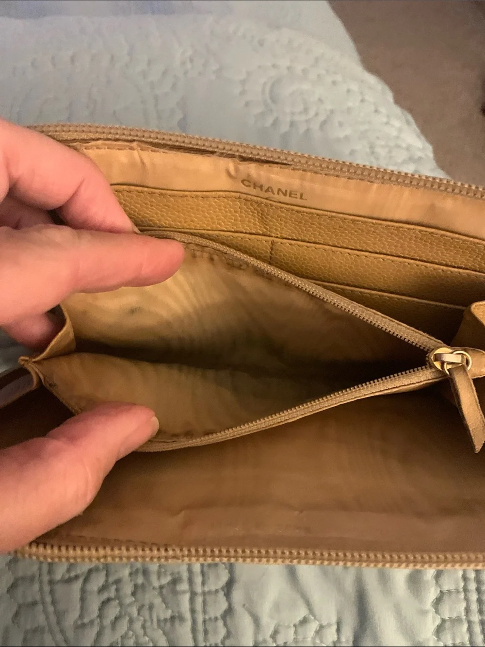 CHANEL Quilted CC Zip Wallet in Camel Tan